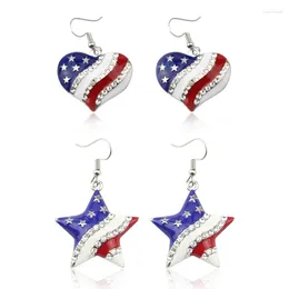 Dangle Earrings USA Labor Day American Flag Enamel Blue & Red Crystal Rhinestone Heart Patriotic Independence Pendant