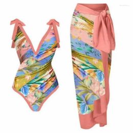 Women's Swimwear 2024 One Piece Printed Bathing Deep V-Neck Bikini Suit Strap Beach Dress Swimsuit Summer Chiffon Long Skirt