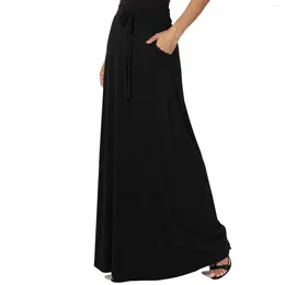 Skirts Elegant Women Maxi Skirt High Waist Tummy Control A-line Loose Hem Pockets Solid Colour Ankle Length Soft Lady Sundresses