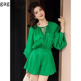 Gagarich Design Spring Silk Satin Thin High Waist Sunscreen Wide Leg Jumpsuit Vneck Wrapped Green Shorts 240507
