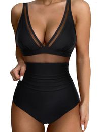 Women's Swimwear Sexy Mesh Patchwork One Piece Swimsuit Women Solid Deep V Hollow Monokini Open Back Push Up Bathing Suit Pad Beachwear