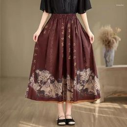 Skirts Chinese Style Women's Clothing 2024 Spring Summer Artistic Retro Ethnic Printed Cotton And Linen Skirt A-Line Mujer Faldas K869