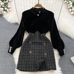 Work Dresses Autumn And Winter Retro Temperament Stand-up Collar Gold Velvet Long-sleeved Collocation Waist Thin Tweed Dress