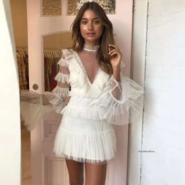 2021 Tiered Tulle Long Sleeve Graduation Dresses High Neck Short Prom Gowns White/Ivory tail Homecoming Dress Customise 0509