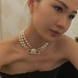 high quality Pearl neckalce designer for woman Saturn Necklaces Beaded Tennis Necklace Woman Silver Plating Triple Chains Vintage Trendy Style Desigenr Jewelry