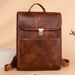 School Bags 2024 Vintage High Shoulder Leather Backpack Large Casual Splicing Quality Retro Flip-top Pu Women Handbags