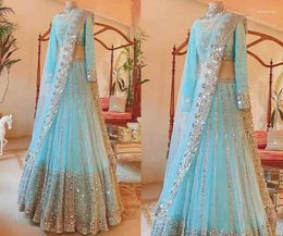 Party Dresses Sky Blue Lehenga Choli Evening Formal Wear Half Saree Long Sleeve Gillter Luxury Prom Occasion Gown Outfit