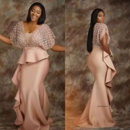 New Pearl Pink Lace Evening Dresses African Saudi Arabia Formal Dress For Women Sheath Prom Gowns Celebrity Robe De Soiree 0509