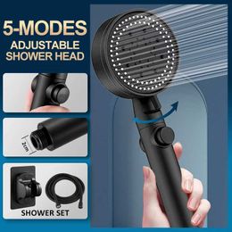Bathroom Shower Heads Shower Head Portable 5 Modes Showerhead ABS Plastic Chrome High Pressure Black Douche Set With Button Hose Bathroom Accessories