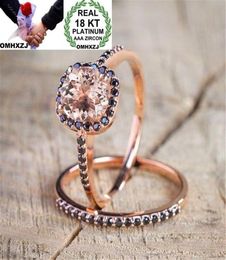 OMHXZJ Whole European Fashion Woman Man Party Wedding Gift Luxury Square Black Topaz Zircon 18KT Rose Gold Ring Set RR5364872592