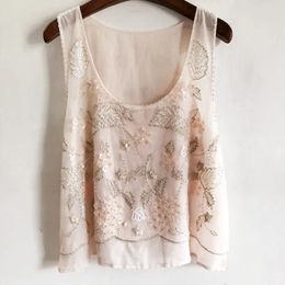 Women's Tanks Women Floral Beaded Loose Vest Sleeveless Shirt Summer U-Neck Flowers Embroidered Sequined Chiffon Blouses Shiny Gauze Tank