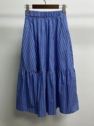 Skirts Blue Striped Midi Skirt Women Cotton A-line Elastic Waist Casual 2024 Early Autumn Jupe For Female