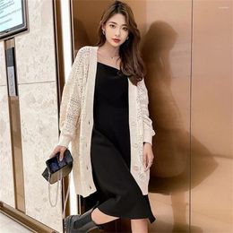 Women's Knits Korean Summer Knitted Cardigan Hollow Long-sleeved Air-conditioned Mid Length Sweter Loose Cardigans Long Sleeve Top