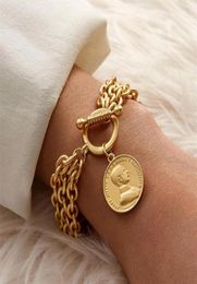 Link Chain Gold Colour Charm Bracelets for Women Men Metal Portrait Coin Alloy Fashion Jewellery Pulseira2544346