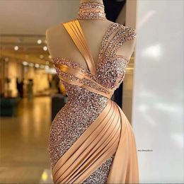 Sparkle Gold Mermaid Evening Dresses with Over Skirt Sequin Pleat Short Prom Gowns High Collar Ladies Sexy vestido de novia 0509
