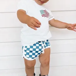 Clothing Sets Baby 2 Piece Outfits 4th Of July Flag Short Sleeve T-Shirt Elastic Checkerboard Shorts Set Summer Boys Indepence Day Costume