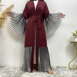 Ethnic Clothing Stripes Open Abayas Casual Kaftan Femme Musulman Full Pleated Robe With Large Swing Muslim Cardigan Dresses For Women