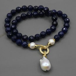 GuaiGuai Jewellery Natural Blue Round Faceted Agate White Pearl Necklace Keshi Baroque Pearl Pendant Handmade For Women2732346