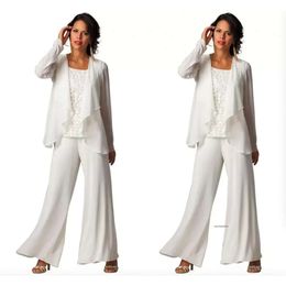 New Fashion Cheap Elegant Chiffon Plus Size Three-Piece Tiered Ruffled Women's Long Sleeve Formal Evening Mother Pant Suits 0509