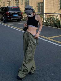 Women's Pants Capris HOUZHOU Army Grn Low Rise Parachute Pants Women Cyber Y2K Vintage Pockets Cargo Trousers Oversize Wide Leg Joggers Edgy Style Y240509