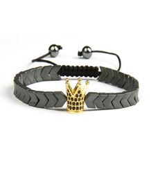 Cz Crown Men Bracelets Whole Micro Pave Black Cz Gold Crown Macrame Bracelet with Hematite Stone Beads Gift For Men8363472