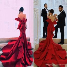 Red Mermaid Portrait Fabulous Prom Dresses Sexy Off Shoulder Big Bow Backless Celebrity Party Gowns Dubai Satin Chapel Train Evening Go 250B