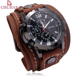 Wristwatches CHUHAN Fashion Punk Wide Leather Bracelet Watches Black Brown Bangles For Men Vintage Wristband Clock Jewellery C629 234K