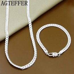 Chains AGTEFFER S925 Sterling Silver 2 Piece 5MM Full Sideways Chain Necklace Bracelet For Women Men Fashion Jewellery Sets Wedding Gift d240509