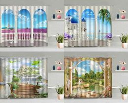 Shower Curtains European Style Scenery Curtain Ocean Waterfall Forest Flower Green Leaves Plant Natural Landscape Bathtub Screen W4296634