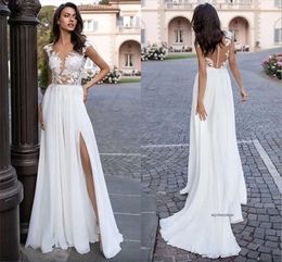 Summer Beach Boho Wedding Gowns Jewel Neck Lace Appliques Cap Sleeve Bridal Dress Sexy Side Slit Sweep Train Chiffon A Line robes de mariee Illusion Back 0509