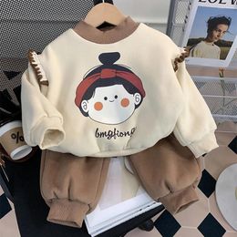Clothing Sets Kids Girls Fleece Sweatshirt Cartoon Print Suit Thick Warm Velvet Pullover Tops Pants 2Pcs Autumn Winter Children Clothes
