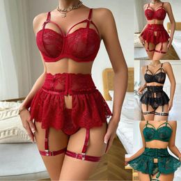 Bras Sets Exotic Lingerie Set Lace See Through Sexy Underwear Bra And Thong Garter With Skirt Solid Women Costumes