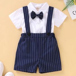 Clothing Sets 0-24 Months Born Baby Boy Outfit Cotton Stripes Print Bow Tie Short Sleeve Button Romper Strap Shorts 2pcs Outfits