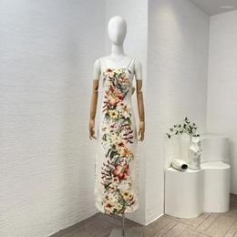 Casual Dresses 2024 Arrivial High Quality Beige Flowers Print Sleeveless Backless Midi Dress Women Beach Style Holiday