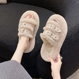 Slippers Winter Casual Women Platform Med Heel Fluffy Slipper Fashion Buckle Belt Artificial Plush Inside Soft Slides Shoe
