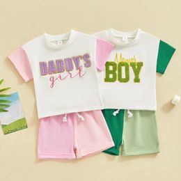 Clothing Sets Toddler Infant Baby Summer Letter Embroidery Short Sleeve Round Neck T-Shirt With Contrast Colour Shorts 2Pcs Girl Boy Outfit