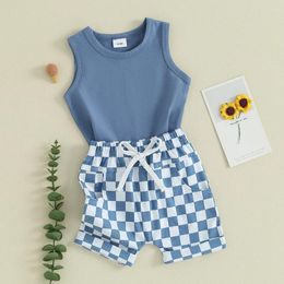 Clothing Sets Toddler Baby Boy Summer Outfit Set Vest Tank Cami Sleeveless Tops T-shirt Checkerboard Elastic Waist Shorts 2cs Clothes