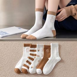 Women Socks 5Pairs/Lot Cute Striped Bear For Soft Cotton Middle Tube Autumn Winter Warm Girl Crew Sock