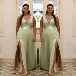 Light Green Plus Size Appliqued Prom Dresses Sheer V Neck Evening Gown A Line Split Side Chiffon Floor Length Formal Dress Abiye 2022 0509