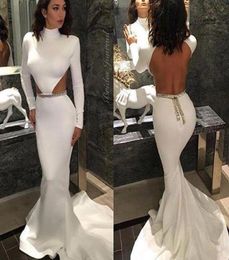 White High Neck Mermaid Prom Dresses 2016 Long Sleeve Hollow Waist Backless Evening Gowns Saudi Arabia Formal Party Dresses Vestid5486678