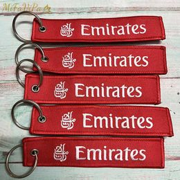 Keychains Lanyards MiFaViPa 5-piece Red Emirates Airlines Keychain Embroidered Fashion Aviation Key Fob Pilot Gift Crew Luggage Label J240509