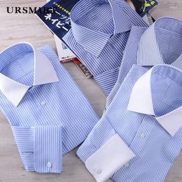 Men's Casual Shirts Selling Custom Blue Striped Cotton Shirt Slim Business Work Mens Clothing