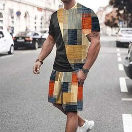 Men's Tracksuits 3D Printed Colour Block Men T-Shirts Shorts Sets Mens Fashion Tracksuits Oversized T Shirt Pants Set Man Suits Men Clothing T240507