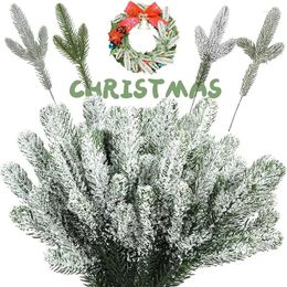Decorative Flowers 5/10pcs Christmas Tree Pine Needle Branches Artificial Fake Plants Snowy Twigs Frosted Pines Garland Wreath Party Decor