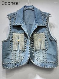 Women's Vests Exquisite Rhinestone Tassel Short Denim Vest Women Outer Wear Waistcoat Top Spring Summer Polo Collar Sleeveless Jacket