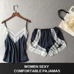 Two Piece Women Sexy Sleepwear Satin Pajama Set White Lace VNeck Pyjamas Sleeveless Cute Female Sleeping Supplies 240423