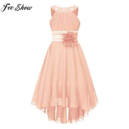 Girl's Dresses Childrens Wedding Flower Girl Party Dress Sleeveless Ruffled Edge Shining Bead High Low Swipe Elegant Chiffon DressL2405