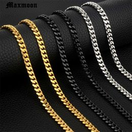 Chains MAXMOON Mens Necklaces Chains Stainless Steel Black Gold Silver Colour Necklace for Men Women Curb Cuban Jewellery 3/5/7mm d240509