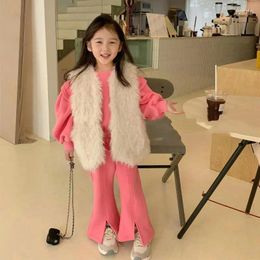 Clothing Sets Winter Baby Girls Lovely Plain Loose Fleece Sweatshirt Slit Flared Pant Kids Tracksuit Children 2-Piece Outfit 2-8 Years