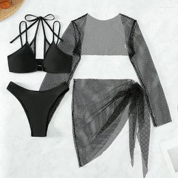 Women's Swimwear Bikini Set Sexy Black 4 Piece Micro Thong 2024 Women String Halter Swimsuits With Mesh Cover Up Beachwear Bathing Suit